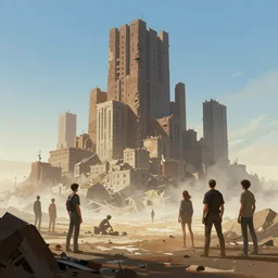 lost city by atey ghailan, by greg rutkowski, by simon stalenhag, by greg tocchini, by james gilleard, by joe fenton, by kaethe butcher dynamic lighting, gradient light blue, brown, blonde cream and white color scheme, grunge aesthetic