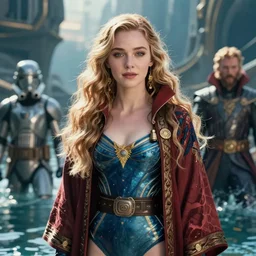 detailed ultrarealistic photography front medium shot of starwars, warrior, sadie sink, doctor strange swimsuit robe, fantasy, waterworld, postapocalyptic, artstation cinematic, vray game of thrones, lord of the rings