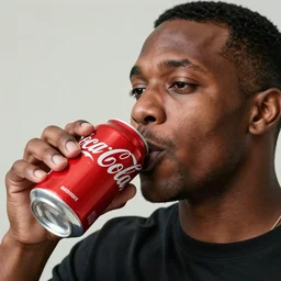 coca cola man drinking a can of soda with max headroom's face on it, realistic, hyperrealistic, ultra realistic, real, real world, highly detailed, very detailed, extremely detailed, intricate details, 8 k resolution, hd quality