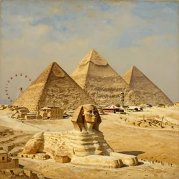 a theme park located in old egypt, pyramids and the sphynx are visible. in the background, ferris wheel, lights, carnival, oil painting, 1 5 thphotography century