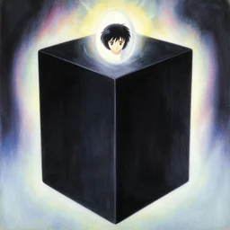 an oil painting by yoshitaka amano of the black box, film poster from angels egg directed by japanese director mamoru oshii, vintage 8 0 s anime, ethereal, holy, omnious, grainy, astounding, highly detailed, high quality, delicate, soft, very detailed, well defined, color corrected, iridescent light, neon gradient,