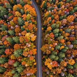 drone photo of new england autumn fall forest with winding road running between the trees, autumn colours, prize winning national geographic photograph