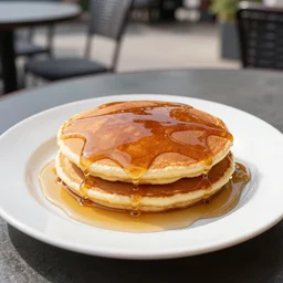 professional food photography of a plate with a pancake covered in maple syrup on a table outside during a sunny day, realistic, very detailed, sharp lens, focus