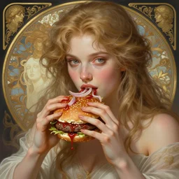 portrait of hercules eating hamburgers, extra onions and ketchup, luscious patty with sesame seeds, feminine ethereal, handsome, d & d, fantasy, intricate, elegant, highly detailed, digital painting, artstation, concept art, matte, sharp focus, illustration, art by artgerm and greg rutkowski and alphonse mucha