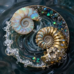 art nouveau cresting oil slick waves, opalized ammonite, bronzed ammonite fossil, hyperdetailed bubbles in a shiny iridescent oil slick wave, ammolite, black opals, rococo, organic rippling spirals, octane render, 8 k 3 d, spirals, glistening seafoam, abalone, ammonite, druzy geode