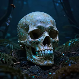 glowing obsidian skull in a night jungle underwater