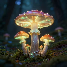 glowing mushrooms in magical forrest, dark atmosphere, soft lighting, high detail, 8 k
