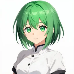 anime art, anime key visual of elegant young female, short green hair and large eyes, white blouse, black vest, finely detailed, tool album cover, psychedelic imagery