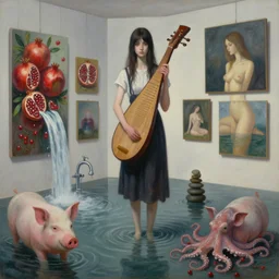 painting of a flooded art gallery, painting of a tall emo girl holding a koto, paintings on the wall, pomegranates, waterfall, faucet, pigs, octopus, berries, zen, sensual, surrealist, by magritte and monet