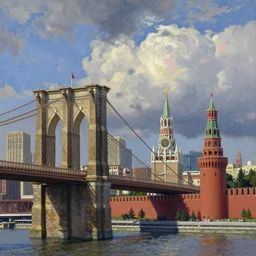 a surreal colourful painting of brooklyn bridge on top of kremlin