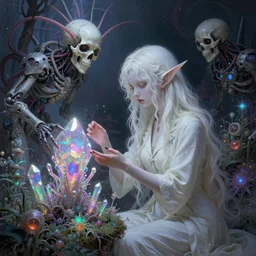 muted vaporwave ombre matte painting beautiful sinister alabaster goth female skullpunk spirit doctor, tending to the iridescent enchanted intergalactic mecha garden, man machine chimeric beholder polyphemous power crystals psychotropic frequencies singularity artgerm wlop james jean andrei riabovitchev marc simonetti yoshitaka amano, artstation, cgsociety