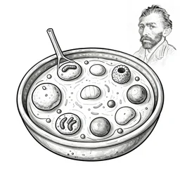 eukaryotic cell textbook illustration by van gogh, black and white painting