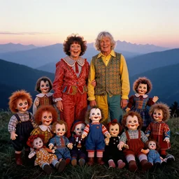 a colorful full body portrait of grandparents wearing wearing weird costumes in a mountains in 1 9 7 0 s, sunrise, with many diabolical dolls, the creepiest kids toys ever made, cursed dolls, with crazy laughs and crazy eyes taken by martin parr, saturated colour photo kodachrome
