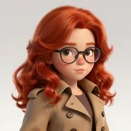 highly detailed, digital art, pixiv fanbox, trending on artstation, ray tracing, volumetric lighting, sharp focus, hq, fallout 4 sytle character, cute chubby redhead girl with one side soft curl long hair, freckless in the face and glasses, wearing a trench coat, by artgerm, wlop, greg rutkowski, miyazaki hayao