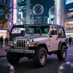 old photograph of an Itasha style 1997 hardtop Jeep Wrangler, urban Shibuya, floating orbs of liquid, neon night, cinematic, refraction, colorful, photorealistic, dark, atmospheric, ultra realistic, insanely detailed, lights and shadows