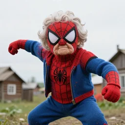 stunning photograph of ( ( ( ( granny spiderman ) ) ) ) in rural russia town, knitted suit, closeup, dynamic pose, closeup, aperture 1. 2