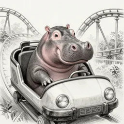 a portrait of a hippo in the first seat of a roller coaster, pencil sketch
