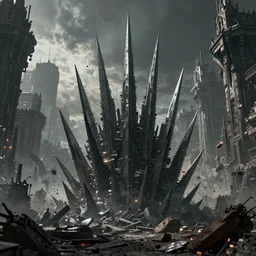 giant Spikes erupt out of the ground in a gothic medieval cyberpunk city, debris flying around, the feeling of grimdark terror and pain, high quality, detailed, 8k, unreal engine, octane render, trending on artstation