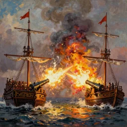two 1600s ships firing their cannons at each other in a glorious colorful blaze of smoke and fire, oil painting, epic cinematic