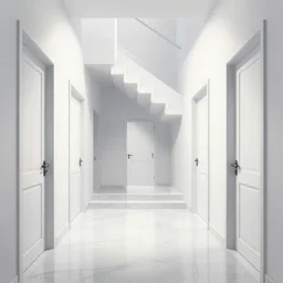 “a disorienting white hallway and staircase with many doors, marble material, confusion, creepy, dimensions, MC Escher architecture, anime style, detailed background, trending on artstation”