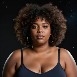 mixed fat woman with an afro in space