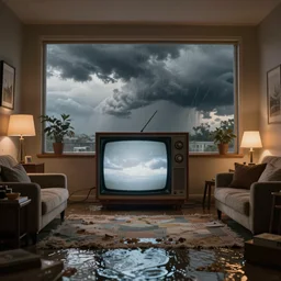 highly detailed 1 9 8 0 s television with storm clouds coming out, flooded 1 9 8 0 s apartment interior, cinematic, volumetric lighting