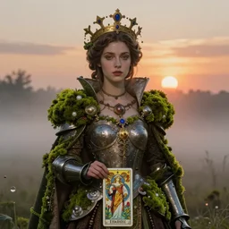 hyperdetailed portrait of beautiful queen's flower moss knight girl in the fog. tarot card. by greg rutkowski, highly detailed portrait, digital painting, artstation, concept art, smooth, sharp foccus ilustration, artstation hq. intricate, elegant. art by wlop and artgerm and greg rutkowski and alphonse mucha, masterpiece. medium shot. sunset dramatic