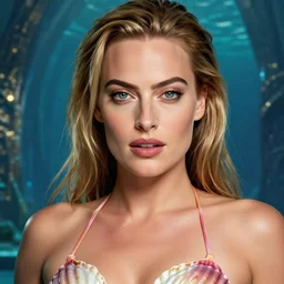 margot robbie as the queen of atlantis wearing a shell bikini, atlantis in the background, highly detailed face, realistic face, beautiful detailed eyes, fantasy art, in the style of greg rutkowski, illustration, epic, fantasy, intricate, hyper detailed, artstation, concept art, smooth, sharp focus, ray tracing, vibrant, photorealistic