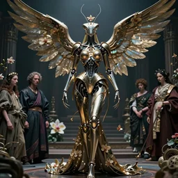 still frame from Prometheus movie by Makoto Aida, biomechanical orchids mantis angel gynoid by giger, metal couture by neri oxmn and Guo pei, editorial by Malczewski and by Caravaggio
