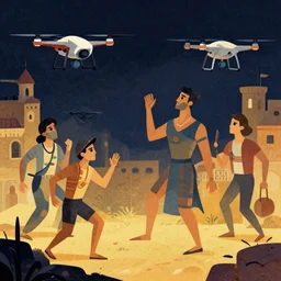 illustration of the drones from surviving mars video game in the style of petroushka directed by john wilson