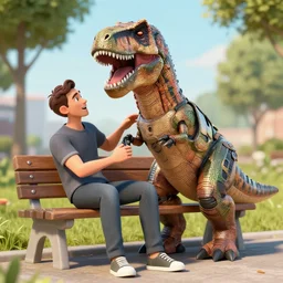 a man sitting on a bench having fun controlling a t - rex mecha costume, photorealistic 3 d octane render, unreal engine