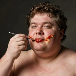 a fat man smears pizza sauce on his face.