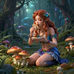 A fairy eating mushrooms in a magical forest Unreal Engine