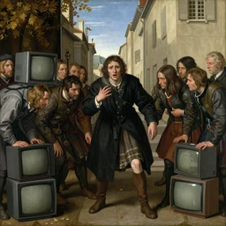 a renaissance painting of a frightened young man in a street surrounded by people without eyes. people are starting at crt televisions on the corners s 1 5 0