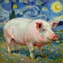 large pig painted in a style of painting similar to Van Gogh but more impasto and less hatching