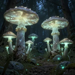 a forest of giant luminous mushrooms, lush grey grass and glowing stones on the forest floor, dark ambient environment lighting, night time lighting, by greg rutkowski by greg tocchini by james gilleard, concept art, digital art, 8 k, hdr, fantasy, dark fantasy, trending on artstation, intricate