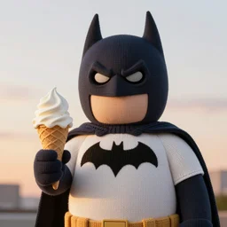 a large knitted batman holding a vanilla ice cream cone during sunset at the beach Trending on artstation, featured on Behance, well-rendered, Unreal Engine, 4K HD