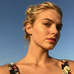 photograph of a vintage photo of an olive skinned blonde female model in her twenties, pinned up hair, wearing a designer top, looking content, focused on her neck, photo realistic, extreme detail skin, natural beauty, no filter, slr, golden hour, 4 k, high definition, selfie