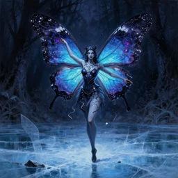 an elegant butterfly priestess made of shattered hopes and mystical dreams, grimdark fantasy painting of a cosmic butterfly on a shadowed forest background. a fursona of a butterfly goddess dancing on a frozen lake in the darkness void realm. a painting in neon inks, by wayne reynolds, by carl critchlow