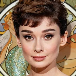 realistic detailed closeup face portrait of Mermaid Audrey Hepburn, by Alphonse Mucha, Ayami Kojima, Amano, Charlie Bowater, Karol Bak, Greg Hildebrandt, Jean Delville, and Mark Brooks, Art Nouveau, Neo-Gothic, gothic, rich vivid colors