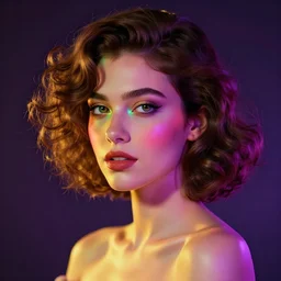 Lofi vaporwave portrait beautiful woman with short brown curly hair, romanesque, rainbow, Pixar style, Tristan Eaton, Stanley Artgerm, Tom Bagshaw