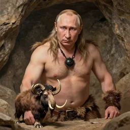 vladimir putin, is prehistoric cave man, vladimir putin unga bunga mammoth hunting, macabre, by donato giancola and greg rutkowski and wayne barlow and zdzisław beksinski, realistic face, digital art