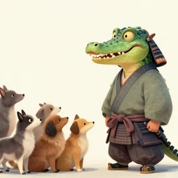 a magical fantastic samurai with a crocodile mask by monet, with animal clients lining up in front, made with millions of stroke, wonderful details, crazy colors 1 0 %, pale sober colors 9 0 %
