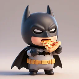 A ultra detailed render of a chibi style Batman biting and eating pizza,adorable, cute, Portrait Lighting, trending on ArtStation, octane render, cinema4d, Zbrush