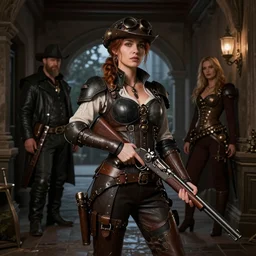 beautiful art portrait by John William Godward and Giger and Anna Dittman depicting a female steampunk gunslinger in dark outdoor hallway, evening, atmospheric lighting, intricate detail, cgsociety, hyperrealistic, octane render, ambient light, dynamic lighting