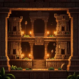 majestic ancient mayan temple horizontal tunnel, side-scrolling 2d platformer game level, illuminated by torch lights, ruins with mayan glyphs, volumetric light , detailed carved ornaments, rich color, upscale , 8k