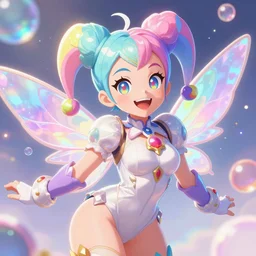 highly detailed, digital art, pixiv fanbox, trending on artstation, ray tracing, volumetric lighting, sharp focus, hq, overwatch style, cute happy fairy jester, smiling, pastel rainbow color scheme, iridescent and pearlescent, arcane, by artgerm, wlop, greg rutkowski, hayao miyazaki, ghibli, loish,