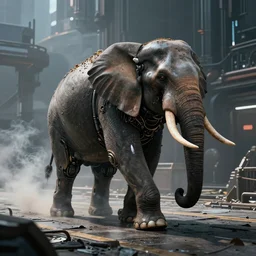 apocalyptic, an robotic elephant walking on the future street. smoke. volumetric lighting, sharp focus, ultra detailed, cgsociety - w 1 0 2 4 - n 8 - i
