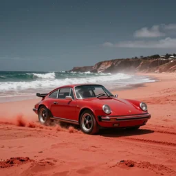 porsche nine - eleven, australian beach, red sand, otherworldly science fiction surrealism landscapes. waves. dust. stars. by chris mars.