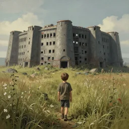 a highly detailed matte painting of a kid standing in front of an abandoned walking fortress in a tall grass field, Simon Stalenhag, featured on Artstation